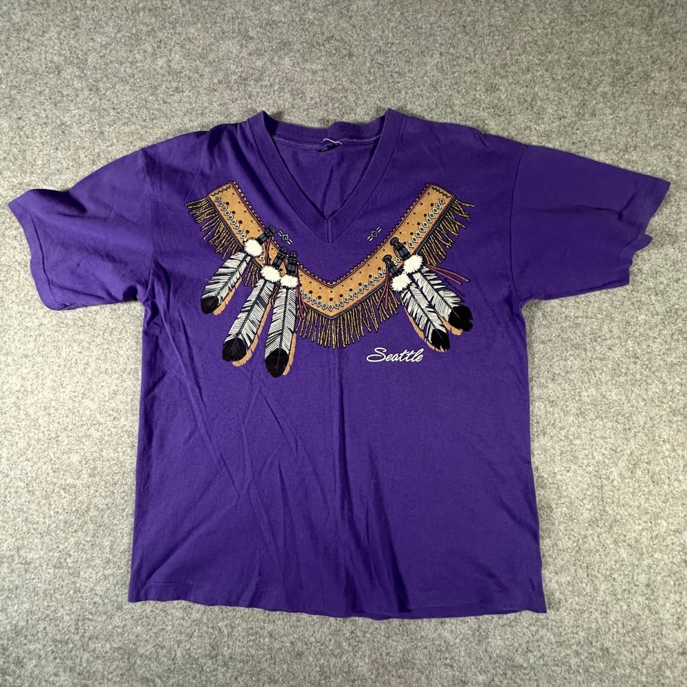 VTG Lifestyles Shirt Large Purple Mens 1992 Seattle Native American Style V-Neck